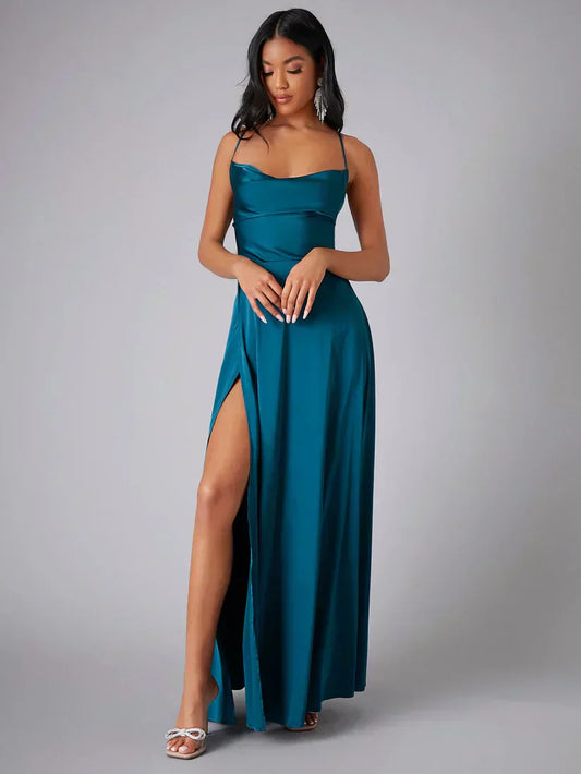 Elegant Spaghetti Strap Evening Dress with High Side Slit - Formal Gown for Women - 2