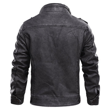 Draxen Men's Leather Jacket - Textured Stand-Collar with Zippered Pockets - 2