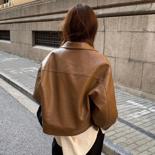 Cropped Leather Jacket Women - Stylish Shirt Collar, Flap Pockets, Brown - 2