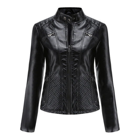 Kaïra - Women's Slim Fit Leather Biker Jacket with Ribbed Details - 2