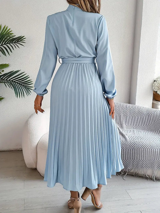 Elegant Long-Sleeve Women's Midi Dress with Tie Waist & Pleated Skirt - 2