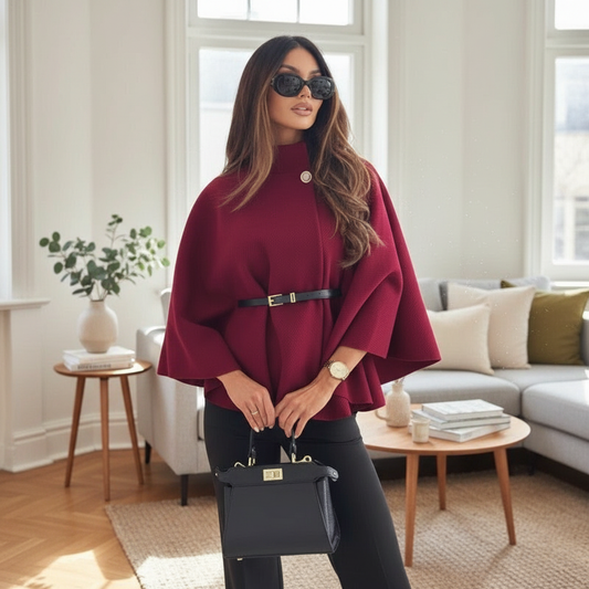 Isaline - Women's Cape Coat with High Neck, Belted Waist, and Elegant Silhouette - 1